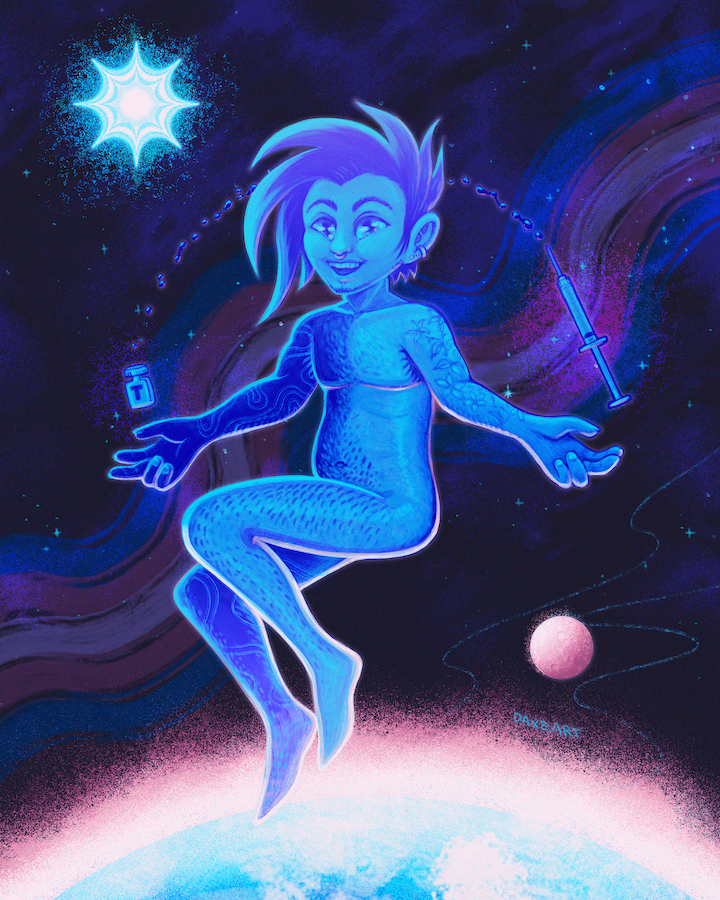 An ethereal blue transmasculine person floating in space in the center of the image with arms outstretched to their sides. A syringe is floating just above their left hand, a bottle of testosterone is floating above their right hand and a trail of the liquid content floats in an arc between them. In the background there is a a wavy streak of color matching the trans pride flag color among the stars, a sun shining cyan light from above, a pink moon reflecting light below, and a blue planet with white clouds and a pink atmosphere at the bottom of the image beneath the subject.